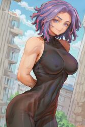 1girls ai_generated amiral_ai bodysuit breasts female kaina_tsutsumi lady_nagant large_breasts light-skinned_female light_skin looking_at_viewer medium_hair my_hero_academia purple_eyes purple_hair slim_waist smile thick_thighs wide_hips