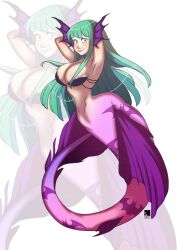 biancaburzotta big_breasts blue_eyes breasts darkstalkers green_hair large_breasts long_hair mermaid mermaid_girl mermaid_tail mermaid_transformation monster_girl morrigan_aensland pink_tail seductive_pose succubus swimsuit tail thick_mermaid_hips vampire_(game) vampire_savior