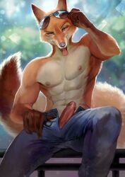 abs biceps clothing erection glasses juliathedragoncat male male_only muscular nick_wilde nipples non-human nude obliques pecs solo triceps zootopia