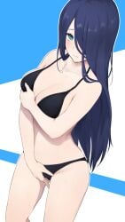 1girls bare_arms bare_shoulders bikini black_bikini black_hair blue_eyes blush breasts cassandra_ilion closed_mouth collarbone cowboy_shot dungeon_ni_deai_wo_motomeru_no_wa_machigatteiru_darou_ka female female_masturbation fingering fingering_through_clothes gobi_(jtnyrwbkohiqsuldg) grabbing_own_breast hair_over_one_eye highres large_breasts light-skinned_female light_skin long_hair looking_at_viewer masturbation solo swimsuit through_clothes very_long_hair