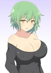 1girls cleavage collarbone expressionless female gradient_background green_hair hikage_(senran_kagura) huge_breasts ichiryuu_tsumiki light-skinned_female light_skin looking_at_viewer medium_hair nipples_visible_through_clothing open_mouth senran_kagura simple_background slit_pupils solo standing straight_hair sweater yellow_eyes