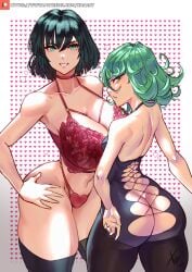 2girls ass ass_cleavage ass_focus ass_visible_through_thighs breasts butt_crack female_only fubuki_(one-punch_man) green_eyes looking_at_viewer multiple_girls one-punch_man short_hair sisters smiling smiling_at_viewer tatsumaki thighhighs xhaart