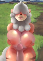 anthro big_breasts bodily_fluids breasts breasts_squish cum cum_in_mouth cum_inside cum_on_breasts cumshot disembodied_penis ejaculation erection fangs female field fur genital_fluids genitals grass growlithe hair hair_over_eyes hi_res hisuian_form hisuian_growlithe huge_breasts humanoid_genitalia humanoid_penis looking_at_viewer male male/female nintendo nipples nude open_mouth orange_body orange_fur outside penis plant pokemon pokemon_(species) pussy regional_form_(pokemon) smile teeth tongue tongue_out white-stripes white_hair