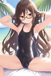 1boy 1femboy ai_generated armpits arms_behind_head arms_up armure beach belly blush brown_hair bulge crossdressing embarrassed_dancing erection erection_under_clothes femboy feminine_male glasses hand_in_hair human long_hair looking_at_viewer male male_only nai_diffusion one-piece_swimsuit otoko_no_ko sitting smile smug solo spread_legs stable_diffusion swimsuit toony trap