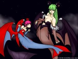 2girls breasts cleavage clothing darkstalkers flat_chest green_eyes green_hair head_wings large_breasts lilith_aensland long_hair m-a-v-e-r-i-c-k mermaid mermaid_girl mermaid_tail mermaid_transformation monster_girl morrigan_aensland multiple_girls purple_hair red_eyes short_hair succubi succubus succubus_costume succubus_wings vampire_(game) vampire_savior