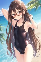 1boy 1femboy ai_generated armure beach blush brown_hair bulge crossdressing erection erection_under_clothes femboy feminine_male glasses hand_in_hair human long_hair looking_at_viewer male male_only nai_diffusion one-piece_swimsuit otoko_no_ko smile smug solo stable_diffusion swimsuit toony trap