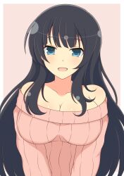 1girls bangs black_hair blue_eyes cleavage female front_view happy huge_breasts ichiryuu_tsumiki ikaruga_(senran_kagura) light-skinned_female light_skin looking_at_viewer open_mouth senran_kagura sidelocks simple_background solo standing sweater very_long_hair