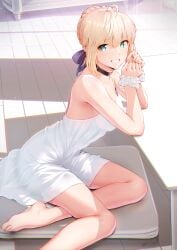 1girls :) ahoge artoria_pendragon bare_shoulders barefoot blonde_hair chest choker cushion dress fate/stay_night fate_(series) feet female female_only green_eyes hair_ribbon hands_together happy knees legs light-skinned_female looking_at_viewer nanahime on_floor open_smile short_hair sitting smile solo tied_hair tight_clothing turquoise_eyes white_dress wholesome