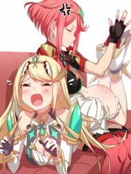 2girls angry blonde_hair boots breasts cat222duck closed_eyes core_crystal couch dress earrings fingerless_gloves gloves large_breasts long_hair mythra nintendo over_the_knee over_the_knee_spanking punishment punishment_spanking pyra red_hair short_hair sitting_on_couch spanking tears thighhigh_boots tiara white_dress xenoblade_(series) xenoblade_chronicles_2 yuri