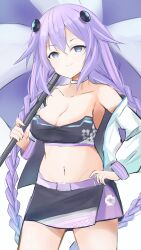 1girls bandeau belt belt_buckle beltskirt bimmy black_skirt blue_eyes breasts choker goddess hair_ornament hand_on_hip holding_umbrella hoodie looking_at_viewer medium_breasts midriff navel neptune_(neptunia) neptunia_(series) power_symbol power_symbol-shaped_pupils purple_hair race_queen skirt straight twintails umbrella white_hoodie