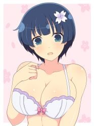 1girls blue_eyes blue_hair bra breast_squeeze cleavage collarbone female flower_in_hair front_view huge_breasts ichiryuu_tsumiki light-skinned_female light_skin looking_at_viewer open_mouth ribbon senran_kagura short_hair simple_background solo standing yozakura_(senran_kagura)