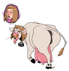 animal_genitalia anus blue_eyes bovid bovine bovine_pussy cow_bell cow_ears cow_horns cow_tail cow_transformation female hhhyyyiii nose_ring nose_ring_leash original_character solo species_transformation tongue_out transformation udders veiny_udders