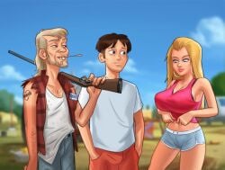 1girls 2boys 2d angry angry_face annoyed annoyed_expression big_breasts blonde_hair blonde_hair blue_eyes bottomwear bra breasts brown_hair cleavage clothed clothing clyde_(summertime_saga) darkcookie digital_drawing_(artwork) digital_media_(artwork) ear_piercing earrings facial_hair jacket jeans light-skinned_female light-skinned_male light_skin long_hair looking_at_another looking_down main_character_(summertime_saga) male male/female outdoors outside pants piercings ripped_clothing ripped_clothing roxxy_(summertime_saga) shirt shorts summertime_saga tank_top thick_thighs topwear trio