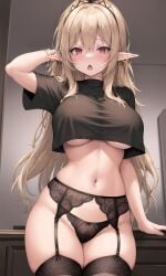 1girls 2023 ai_generated black_panties blonde_hair curvaceous curvy curvy_body curvy_female curvy_figure elf elf_ears elf_female high_resolution legwear lingerie long_hair original original_character seductive_look stable_diffusion stuffyai underboob underwear voluptuous voluptuous_female