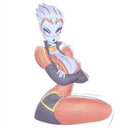 2022 alien alien_girl alien_humanoid arms_crossed_under_breasts asari big_breasts bioware blue_eyes cleavage clothed clothed_female crossed_arms mass_effect military_uniform mole_on_breast samara sitting tequilanart uniform