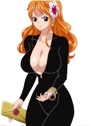 big_breasts black_bodysuit brown_eyes cleavage dotvibe female female_only flower_in_hair frown_eyebrows holding_object nami nude_underneath one_piece one_piece_film_gold orange_hair pearl_earrings post-timeskip serious_look white_background