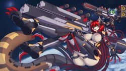 anthro ass big_breasts breasts clothing digital_media_(artwork) domestic_cat ears_up felid feline felis female genitals glowing gun hair hi_res legwear leona_(aka)_little_one mammal nipples nude pussy ranged_weapon red_hair roder sledge smile solo weapon