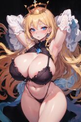 1girls ai_generated armpits arms_behind_back arms_up black_thong blonde_hair crown curvaceous curvy curvy_body curvy_female curvy_figure golden_crown hi_res high_resolution long_hair milf princess seductive_look stable_diffusion underwear