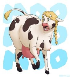 blonde_hair blue_eyes bovid bovine braided_ponytail cow_ears cow_girl cow_horns cow_tail cow_transformation female furry hhhyyyiii solo species_transformation transformation udders