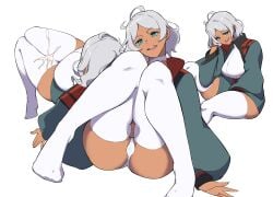 absurdres ahoge asticassia_school_uniform breasts cum dark-skinned_female dark_skin female green_jacket green_shorts gundam gundam_suisei_no_majo halter_shirt halterneck highres jacket large_breasts medium_hair multiple_views oniken panties partially_unzipped school_uniform secelia_dote shorts thigh_sex thighhighs underwear white_background white_hair white_panties white_thighhighs