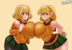 2girls ashley_graham ashley_graham_(brooke_elizabeth_mathieson) ashley_graham_(ella_freya) big_breasts blonde_hair blue_eyes breasts capcom female female_only huge_breasts light-skinned_female miniskirt multiversal_counterpart_grouping pressing_breasts_together pummies resident_evil resident_evil_4 resident_evil_4_remake selfcest short_hair skirt tagme yellow_eyes yuri