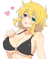 1girls :3 bikini blonde_hair blue_eyes cleavage female green_eyes heart heterochromia huge_breasts ichiryuu_tsumiki light-skinned_female light_skin looking_at_viewer medium_hair messy_hair nipples_visible_through_clothing open_mouth ryouna_(senran_kagura) senran_kagura simple_background solo standing white_background