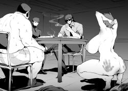 1girls 3boys arms_behind_head arms_up ass_slap benkei_kuruma big_ass big_breasts big_butt black_and_white breasts_bigger_than_head cigarette curvaceous curvy curvy_female curvy_figure fat_man feet getter_robo getter_robo_armageddon go_(getter_robo_armageddon) huge_breasts indoors jin_hayato monochrome naked naked_female nude nude_female pussy pussy_juice pussy_juice_drip pussy_juice_trail rule_63 ryoma_nagare sex_slave sideboob slap_mark slave smoking squatting sweat sweating sweaty thirty_8ght