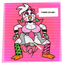 1boy 1girls artist_upload beak bird chicken crushtrap cum cum_in_pussy cum_inside dialogue eyes_rolling_back five_nights_at_freddy's five_nights_at_freddy's:_security_breach glamrock_chica_(fnaf) large_breasts legs_around_partner legs_around_partner's_hips motion_lines nipples_visible_through_clothing pink_background robot self_insert shaking small_male standing_sex