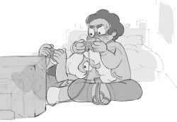 1boy 1girls 2023 amethyst_(steven_universe) bedroom blowjob blush blushing clothed_sex crt digital_media_(artwork) distracted female greyscale hi_res male oral sandals simple_background steven_quartz_universe steven_universe steven_universe_future television uncensored video_game_controller white_background zaza_infused