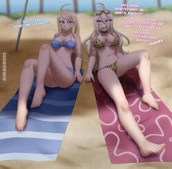 2girls 4headboiii akamatsu_kaede beach beach_towel bikini blonde_hair danganronpa danganronpa_v3 female_focus female_only iruma_miu male_pov multiple_girls straight_hair umbrella