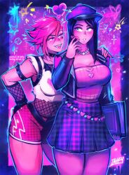 2girls artist_name assertive_female blue_eyes blue_hair blush bright_colors caitlyn_kiramman cute female female_only graffiti heartache_vi heartthrob_caitlyn iahfy large_breasts league_of_legends lesbian lipstick_mark looking_at_partner muscular_female pink_hair shorts skirt vi yuri