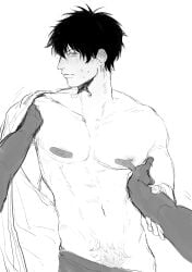 bandaids_on_nipples blush embarrassed gintama groping hijikata_toshiro hsixxx looking_at_viewer male male_only male_pubic_hair monochrome nervous pov pubic_hair pubic_hair_peek sketch solo_focus sweatdrop topless topless_male yaoi