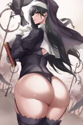 ass black_hair book hikari_(komitiookami) huge_ass nun panties stockings yellow_eyes