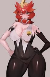 1girls bodysuit breasts curvaceous female female_only green_eyes hand_on_hip huge_breasts kataku_musou large_breasts light-skinned_female light_skin medium_hair mela_(pokemon) nintendo pokemon pokemon_sv red_hair team_star thick_thighs wide_hips