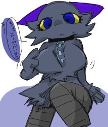 anthro artist_request big_breasts black_fur blue_eyes chain_collar cheek_tuft collar ears_back featureless_breasts female furry japanese_text oyasaioni9 probably_worried purple_ears sfw sitting suzune_(teach_the_cat) sweat teach_the_cat translation_request unknown_source yellow_sclera