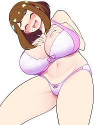 1girls alternate_costume alternate_version_available bellupup big_breasts blush bottomwear bra breasts brown_hair cleavage closed_eyes clothing female female_only huge_breasts lingerie matching_underwear my_hero_academia ochako_uraraka open_mouth panties pink_bra pink_panties short_hair smile solo solo_female spread_legs topwear wide_hips