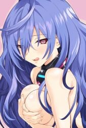 breasts close_up covering_breasts cpu_(neptunia) detached_collar eyes_visible_through_hair female_only goddess iris_heart iwasi_r light-skinned_female lilac_hair looking_at_viewer medium_breasts neptunia_(series) nude pink_eyes plutia power_symbol-shaped_pupils purple_hair seductive seductive_look shiny_breasts side_view solo very_long_hair