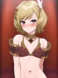 1girls alternate_costume artist_request belly_button bikini bikini_top blonde_hair blush choker citrinne_(fire_emblem) covered_nipples erect_nipples feather_in_hair female female_only fire_emblem fire_emblem_engage hair_ornament light-skinned_female looking_at_viewer midriff navel necklace nintendo nipple_bulge nipples nipples_visible_through_clothing red_eyes short_hair shy slim slim_waist small_breasts solo source_request