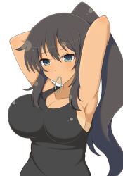 1girls armpits black_hair cleavage collarbone female green_eyes hands_behind_head homura_(senran_kagura) huge_breasts ichiryuu_tsumiki impossible_clothes looking_at_viewer object_in_mouth ponytail senran_kagura sidelocks simple_background solo standing tan_body tank_top tanline very_long_hair white_background