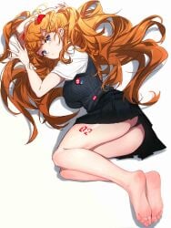 1girls absurd_res arms_up ass asuka_langley_sohryu bare_legs barefoot black_panties blue_eyes blush breasts feet from_above full_body grandialee hands_up hi_res leg_tattoo long_hair looking_at_viewer lying medium_breasts miniskirt neon_genesis_evangelion on_side orange_hair panties pleated_skirt shirt simple_background skirt soles solo tattoo thighs toes underwear very_long_hair white_background