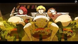 3girls aegis_(persona) aigis_(persona) bare_midriff big_belly bloated bloated_belly blonde_hair brown_hair butt chubby chubby_female closed_eyes clothed clothing distress embarrassed fanning fart fart_cloud fart_fetish fat fat_girl fat_woman female female_only gassy hand_on_belly indigestion long_hair mitsuru_kirijo navel obese obese_female oddtenn overweight overweight_female persona persona_3 red_hair restaurant short_hair sitting stool tenuousoddity uncomfortable worried yukari_takeba