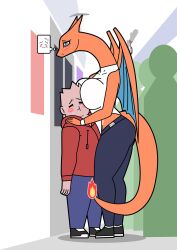 2d anthro blue_eyes blush breast breast_press charizard couple crowd dragon dragon_girl dragon_horns dragon_tail dragon_wings face_in_breasts female_anthro female_pokemon franschesco_(artist) horns hugging human_on_pokemon large_breasts long_eyelashes nintendo orange_body pokémon_(species) pokemon pokemon_(species) subway tail tall_female taller_girl text_bubble thick thick_thighs train_interior wings