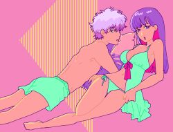 1boy 1girls alternate_costume barefoot boxers cleavage female full_body gintama gintoki_sakata lingerie long_hair looking_at_viewer looking_back male mole_under_eye mukimaru negligee nightgown on_side on_stomach panties pink_background purple_eyes purple_hair restricted_palette sarutobi_ayame side-tie_panties topless_male