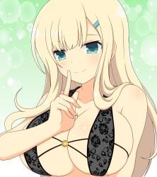 1girls bikini blonde_hair female front_view green_eyes hairclip huge_breasts ichiryuu_tsumiki light-skinned_female light_skin long_hair looking_at_viewer senran_kagura simple_background skindentation smile solo yomi_(senran_kagura)