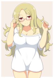 1girls beauty_mark blonde_hair cleavage collarbone female front_view glasses hairclip half-closed_eyes ichiryuu_tsumiki impossible_clothes large_breasts light-skinned_female light_skin looking_at_viewer red_eyes senran_kagura shiki_(senran_kagura) shirt_only simple_background smile solo thigh_gap very_long_hair