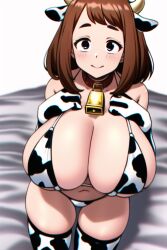 1girls ai_generated bed cow_ears cow_print cowbell hands_on_breasts hands_on_own_chest huge_breasts hypercummies looking_at_viewer massive_breasts maureen my_hero_academia ochako_uraraka shounen_jump tagme