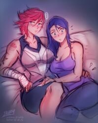 2girls arcane arcane_caitlyn arcane_vi artist_name blue_eyes blue_hair blush caitlyn_kiramman cuddling cute female female_only hand_on_hip iahfy large_breasts league_of_legends lesbian muscular_female pink_hair surprised tattoo vi wholesome wraps yuri