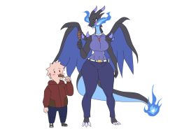 anthro belly_button black_body blue_fire blush charizard couple dragon dragon_girl dragon_horns dragon_wings duo eating female female_focus female_pokemon fire franschesco_(artist) horns humanoid large_breasts mega_charizard_x nintendo pokémon_(species) pokemon pokemon_(species) pokemorph thick_thighs tight_clothing white_background wings