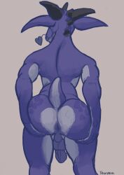 2023 anthro anus ass backsack balls big_butt biped black_horn digital_media_(artwork) genitals hand_on_butt heart hi_res horn kobold male male_only penis perineum purple_body rear_view simple_background solo teavern white_background white_body