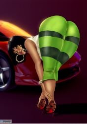 1girls ass ass_focus bent_over black_hair bracelets car celebrity dark-skinned_female earrings female fully_clothed_female green_pants high_heels jewelry looking_at_viewer luscious_lips pants pinup real_person rihanna rumania short_hair solo_female tank_top whentai white_shirt